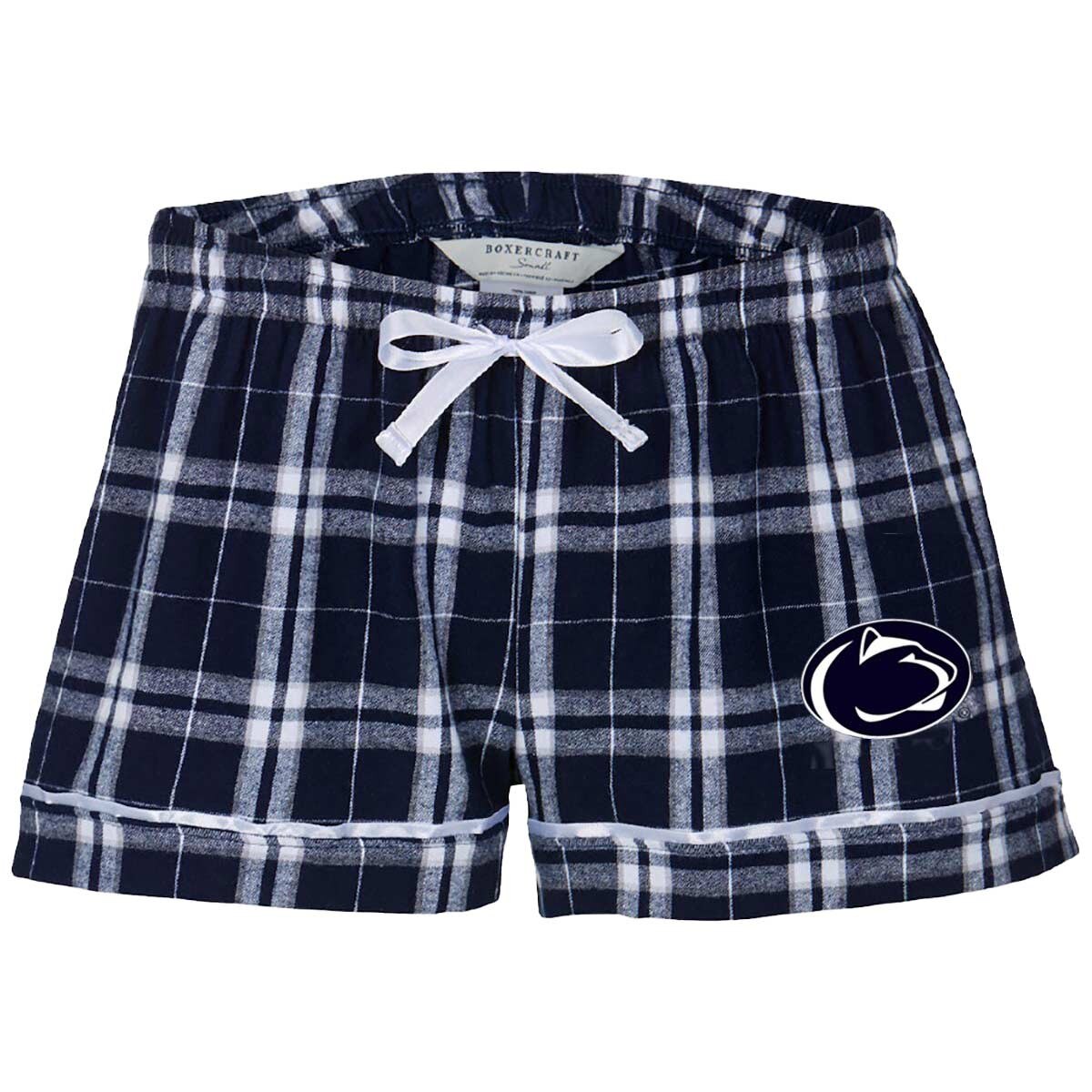 women's navy plaid flannel shorts with Penn State Athletic Logo on left thigh